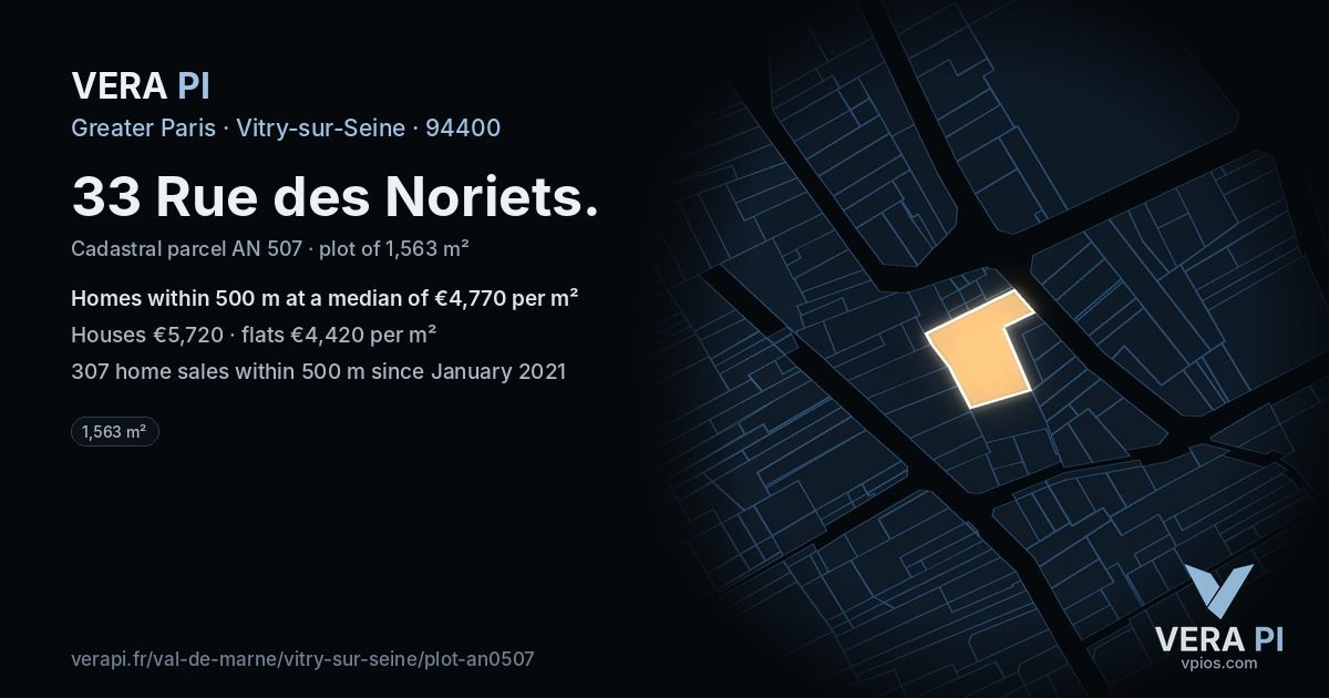 33 Rue des Noriets, Vitry-sur-Seine at night – the plot lit, the parcels around coloured by the prices near them