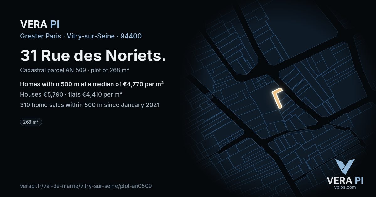 31 Rue des Noriets, Vitry-sur-Seine at night – the plot lit, the parcels around coloured by the prices near them