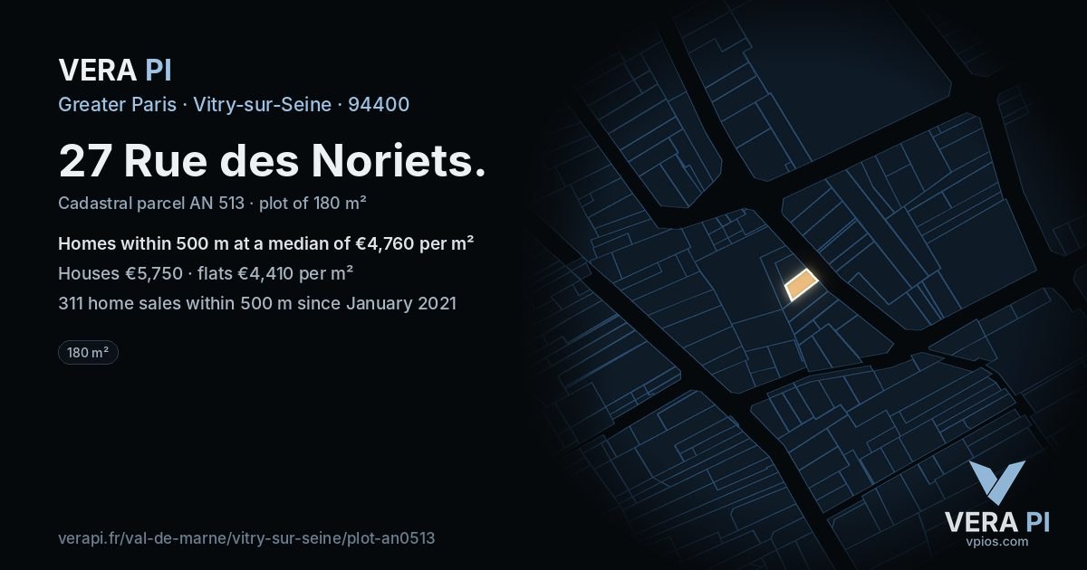 27 Rue des Noriets, Vitry-sur-Seine at night – the plot lit, the parcels around coloured by the prices near them
