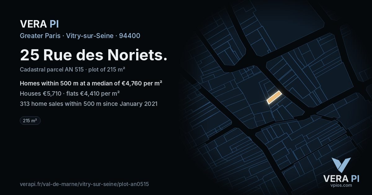 25 Rue des Noriets, Vitry-sur-Seine at night – the plot lit, the parcels around coloured by the prices near them