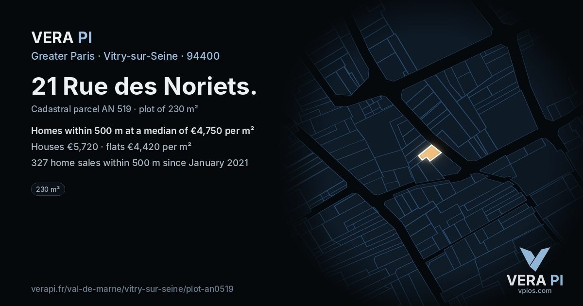 21 Rue des Noriets, Vitry-sur-Seine at night – the plot lit, the parcels around coloured by the prices near them