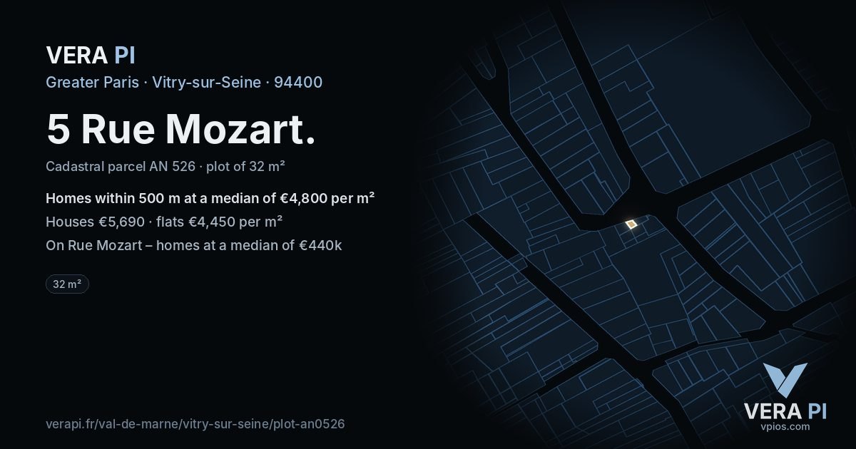 5 Rue Mozart, Vitry-sur-Seine at night – the plot lit, the parcels around coloured by the prices near them