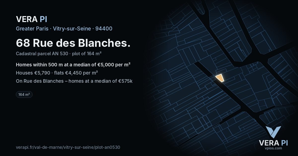 68 Rue des Blanches, Vitry-sur-Seine at night – the plot lit, the parcels around coloured by the prices near them
