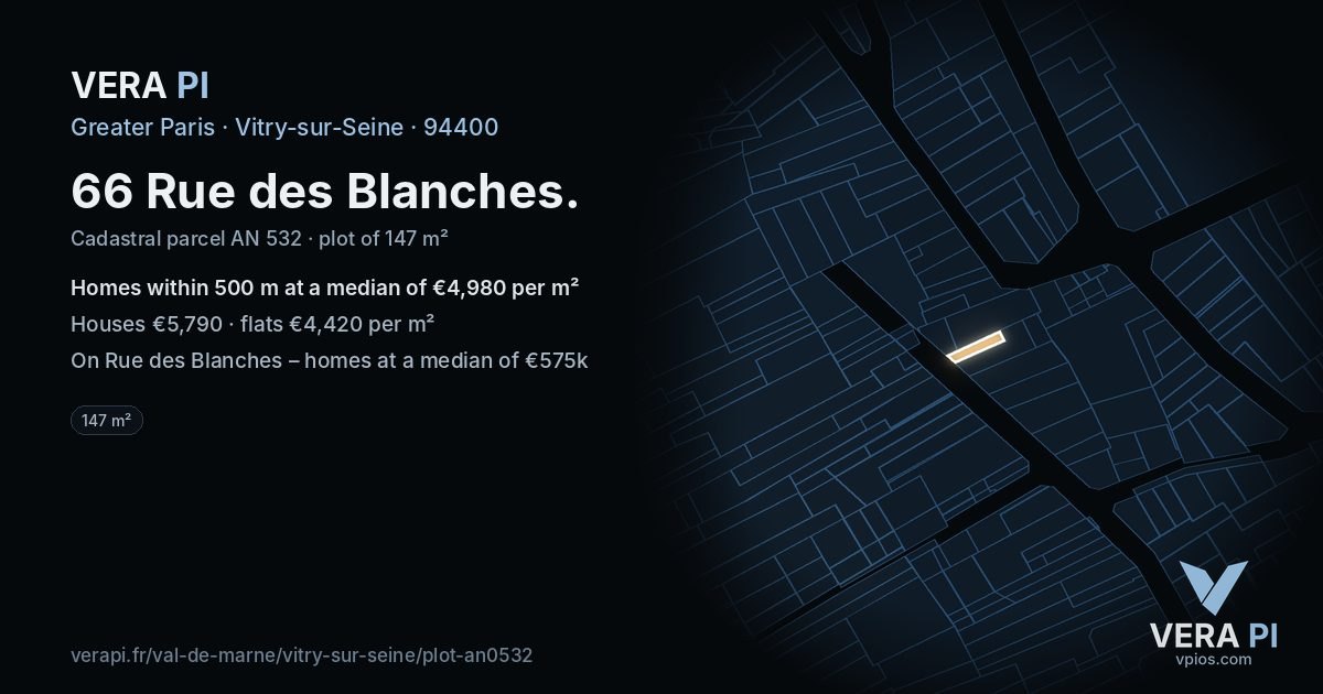 66 Rue des Blanches, Vitry-sur-Seine at night – the plot lit, the parcels around coloured by the prices near them