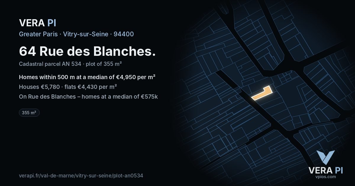 64 Rue des Blanches, Vitry-sur-Seine at night – the plot lit, the parcels around coloured by the prices near them