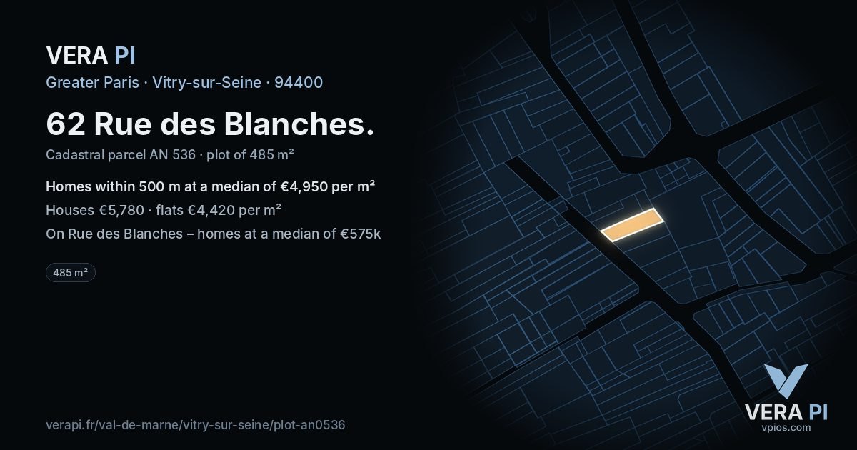 62 Rue des Blanches, Vitry-sur-Seine at night – the plot lit, the parcels around coloured by the prices near them