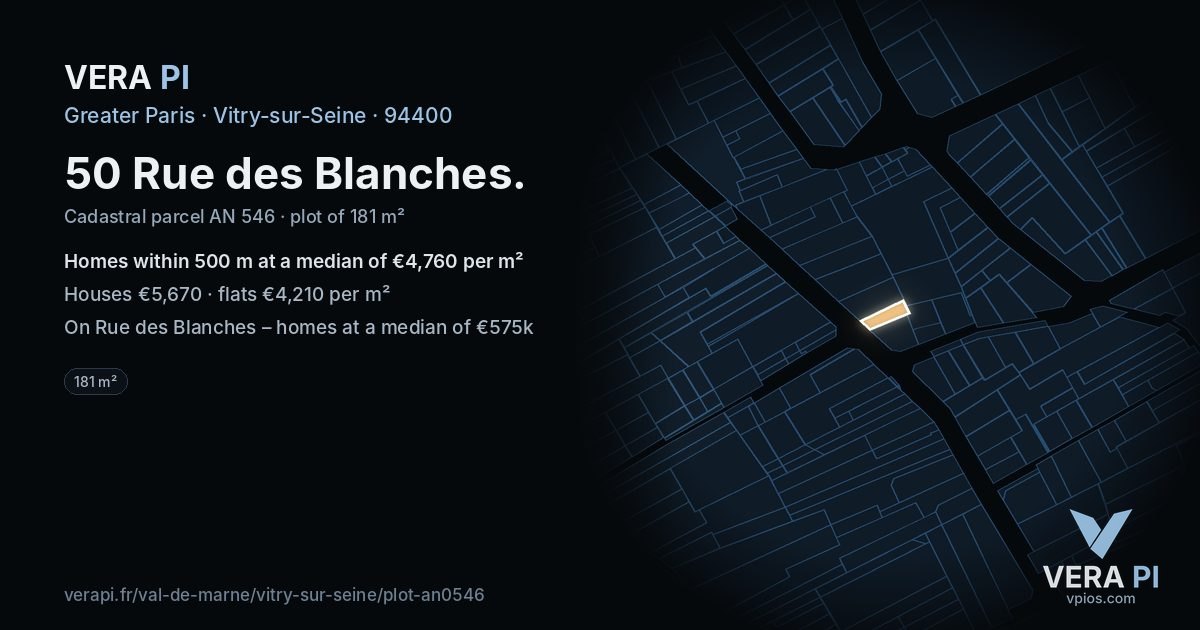 50 Rue des Blanches, Vitry-sur-Seine at night – the plot lit, the parcels around coloured by the prices near them