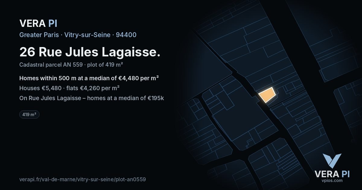 26 Rue Jules Lagaisse, Vitry-sur-Seine at night – the plot lit, the parcels around coloured by the prices near them
