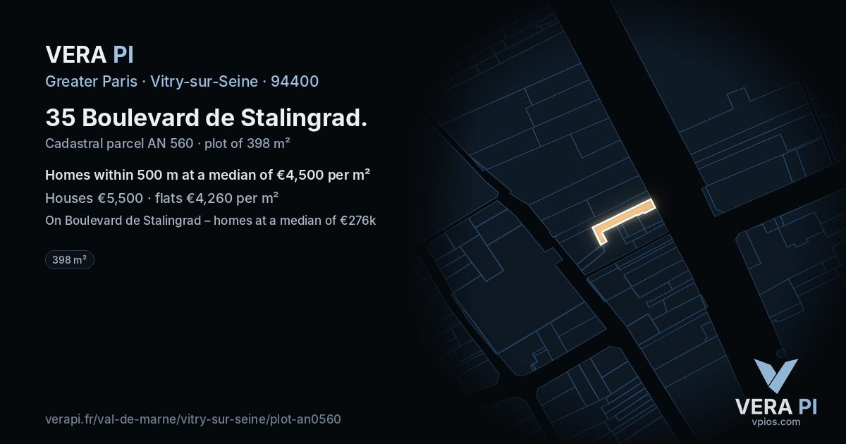 35 Boulevard de Stalingrad, Vitry-sur-Seine at night – the plot lit, the parcels around coloured by the prices near them