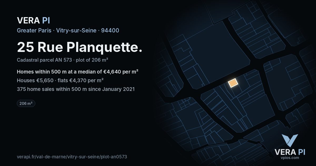 25 Rue Planquette, Vitry-sur-Seine at night – the plot lit, the parcels around coloured by the prices near them