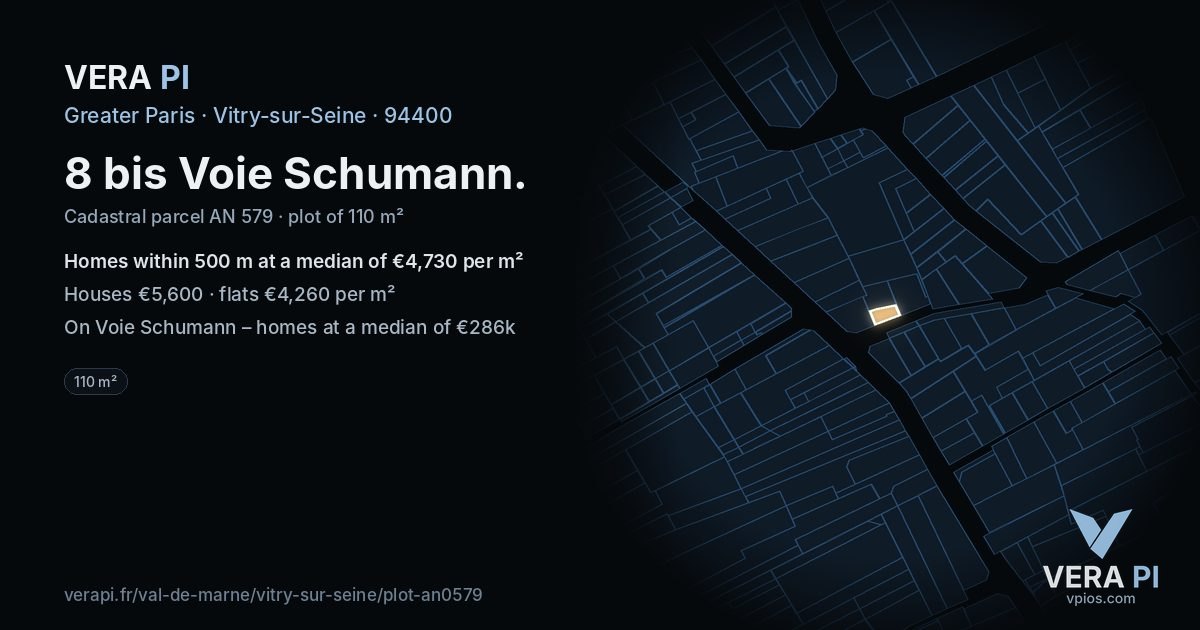 8 bis Voie Schumann, Vitry-sur-Seine at night – the plot lit, the parcels around coloured by the prices near them