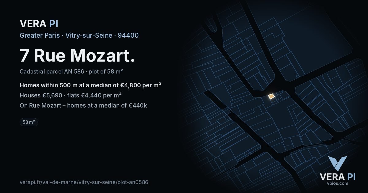 7 Rue Mozart, Vitry-sur-Seine at night – the plot lit, the parcels around coloured by the prices near them