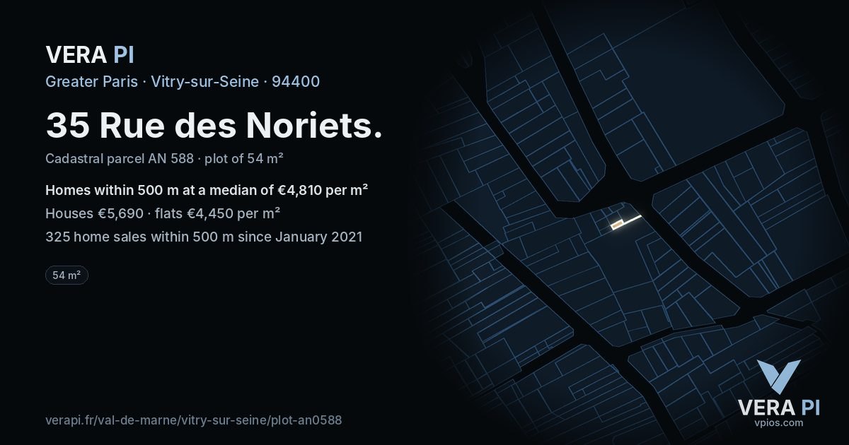 35 Rue des Noriets, Vitry-sur-Seine at night – the plot lit, the parcels around coloured by the prices near them