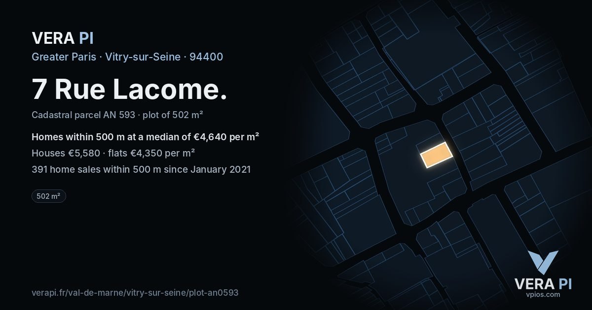 7 Rue Lacome, Vitry-sur-Seine at night – the plot lit, the parcels around coloured by the prices near them