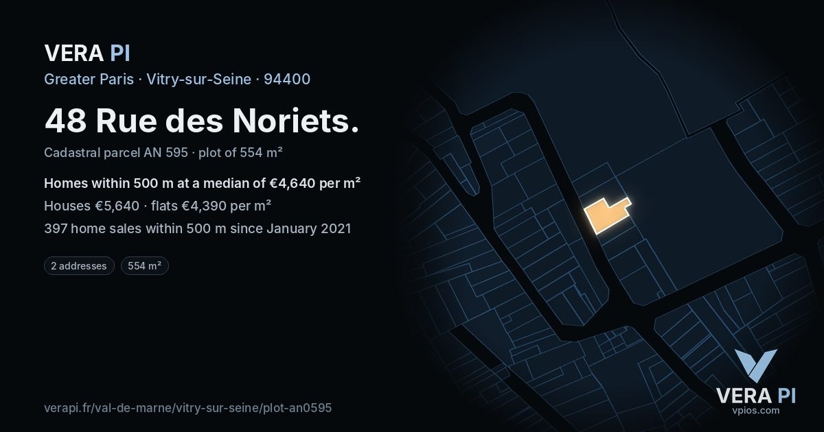 48 Rue des Noriets, Vitry-sur-Seine at night – the plot lit, the parcels around coloured by the prices near them