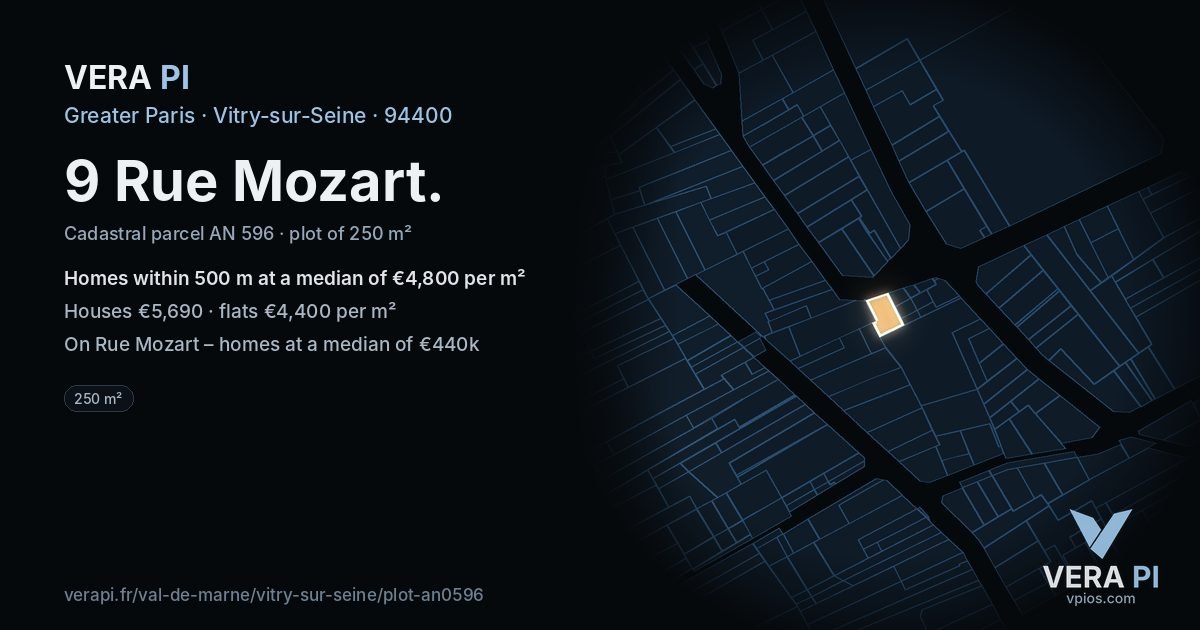 9 Rue Mozart, Vitry-sur-Seine at night – the plot lit, the parcels around coloured by the prices near them