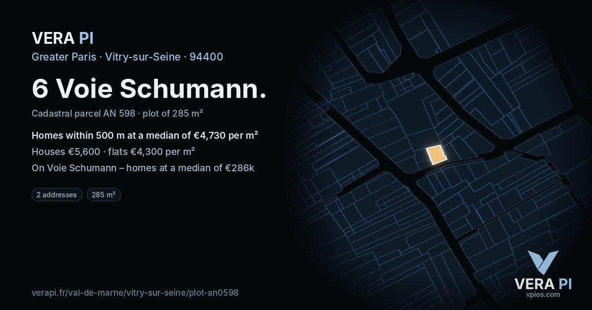 6 Voie Schumann, Vitry-sur-Seine at night – the plot lit, the parcels around coloured by the prices near them