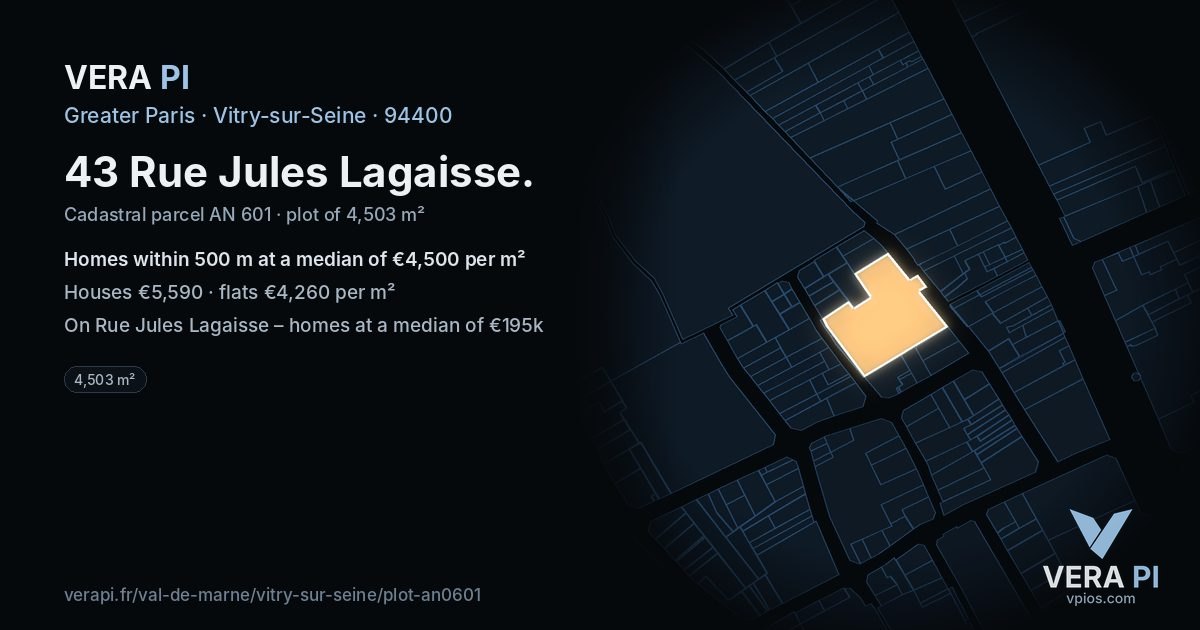 43 Rue Jules Lagaisse, Vitry-sur-Seine at night – the plot lit, the parcels around coloured by the prices near them