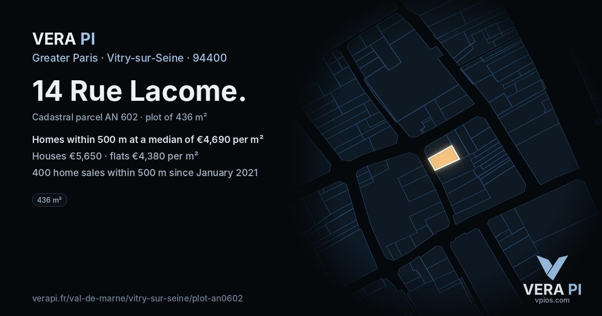 14 Rue Lacome, Vitry-sur-Seine at night – the plot lit, the parcels around coloured by the prices near them