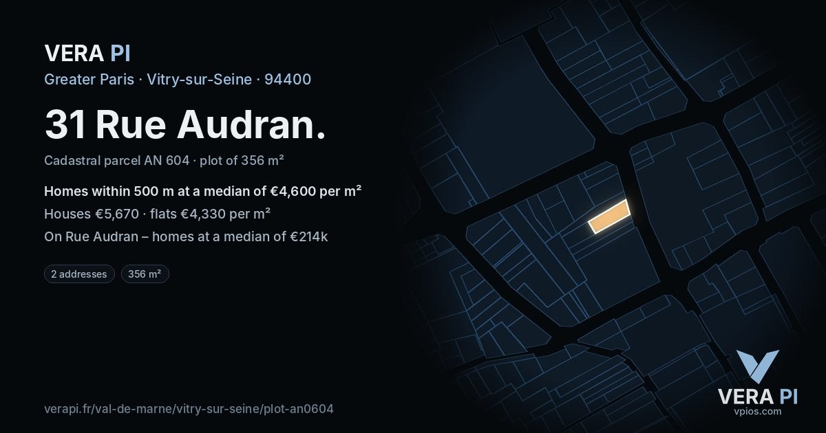 31 Rue Audran, Vitry-sur-Seine at night – the plot lit, the parcels around coloured by the prices near them