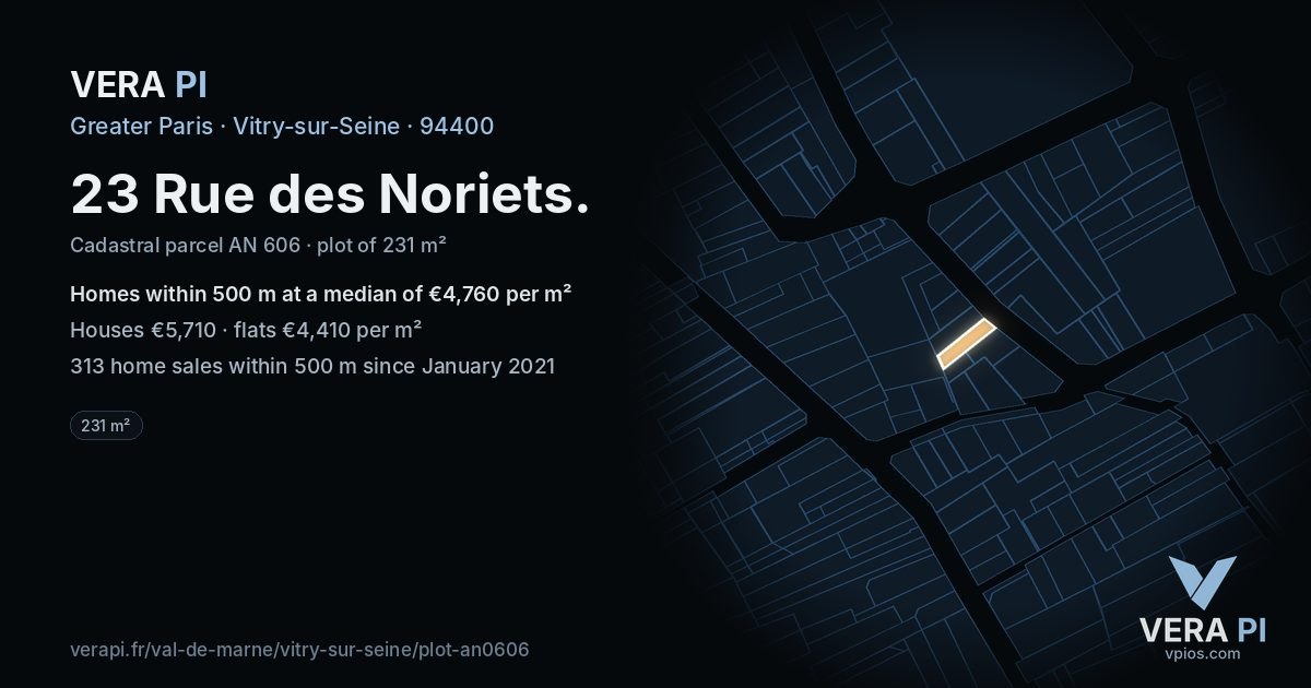 23 Rue des Noriets, Vitry-sur-Seine at night – the plot lit, the parcels around coloured by the prices near them