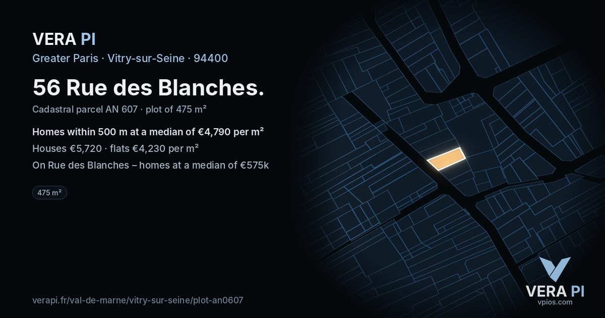 56 Rue des Blanches, Vitry-sur-Seine at night – the plot lit, the parcels around coloured by the prices near them