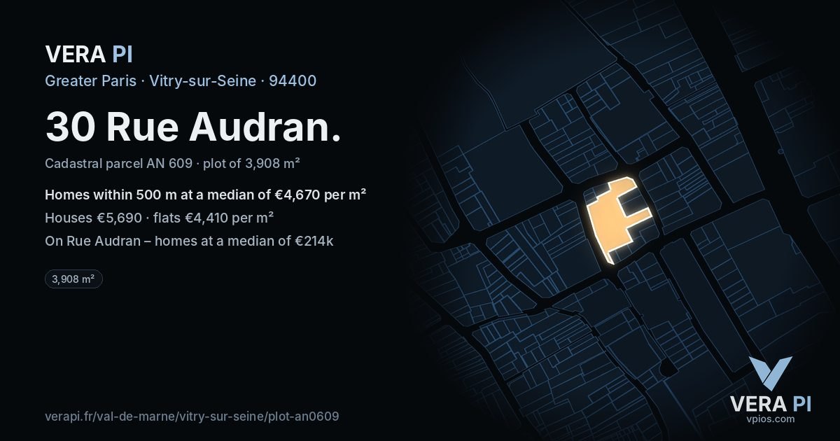 30 Rue Audran, Vitry-sur-Seine at night – the plot lit, the parcels around coloured by the prices near them