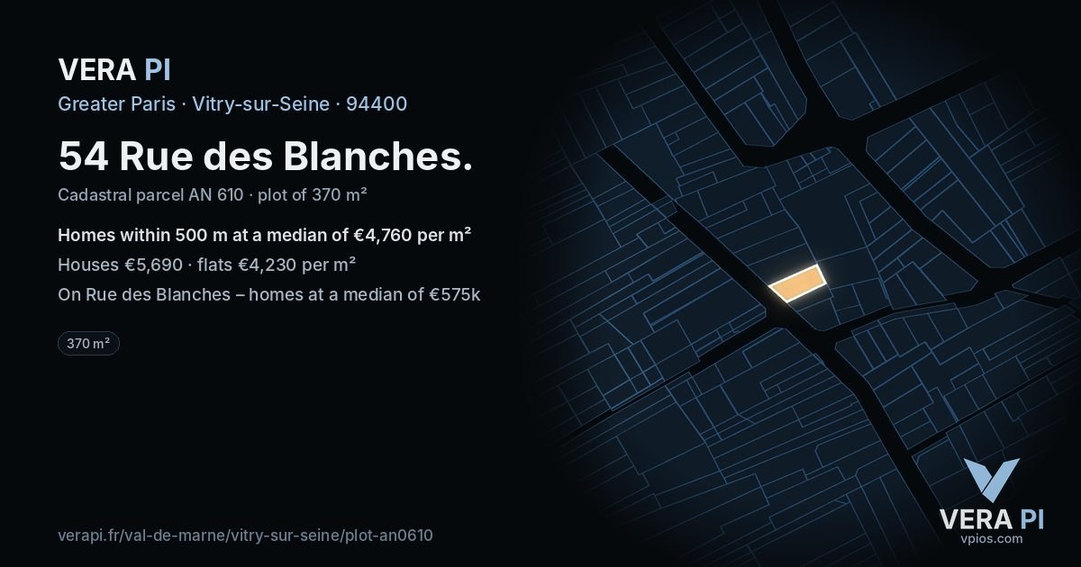 54 Rue des Blanches, Vitry-sur-Seine at night – the plot lit, the parcels around coloured by the prices near them