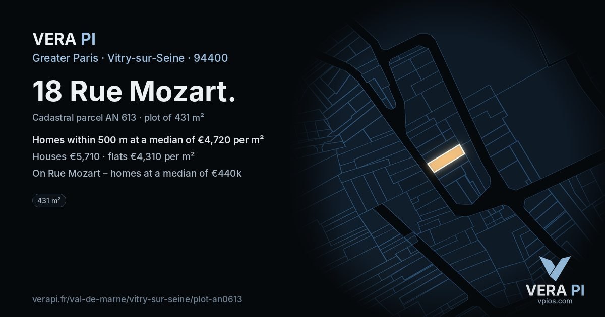 18 Rue Mozart, Vitry-sur-Seine at night – the plot lit, the parcels around coloured by the prices near them