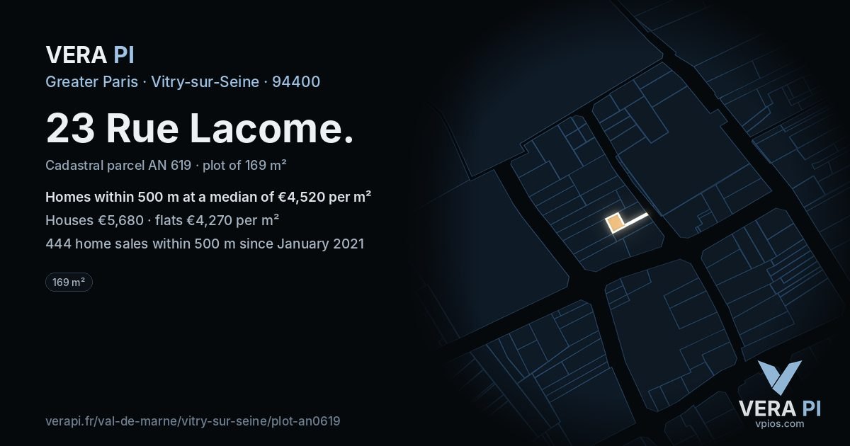 23 Rue Lacome, Vitry-sur-Seine at night – the plot lit, the parcels around coloured by the prices near them