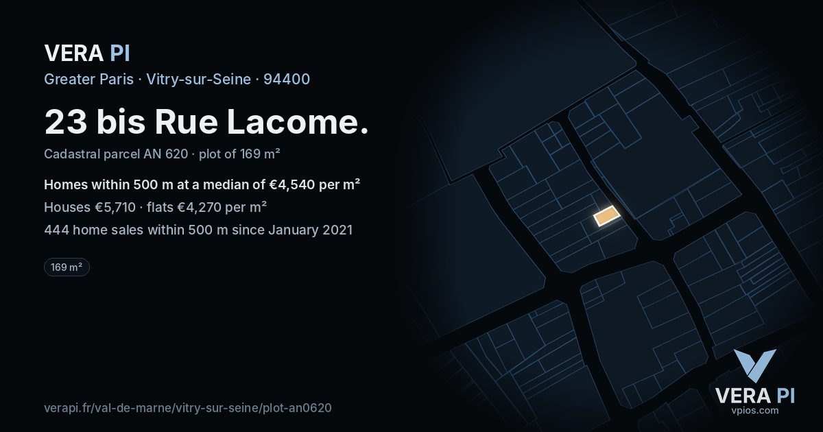 23 bis Rue Lacome, Vitry-sur-Seine at night – the plot lit, the parcels around coloured by the prices near them