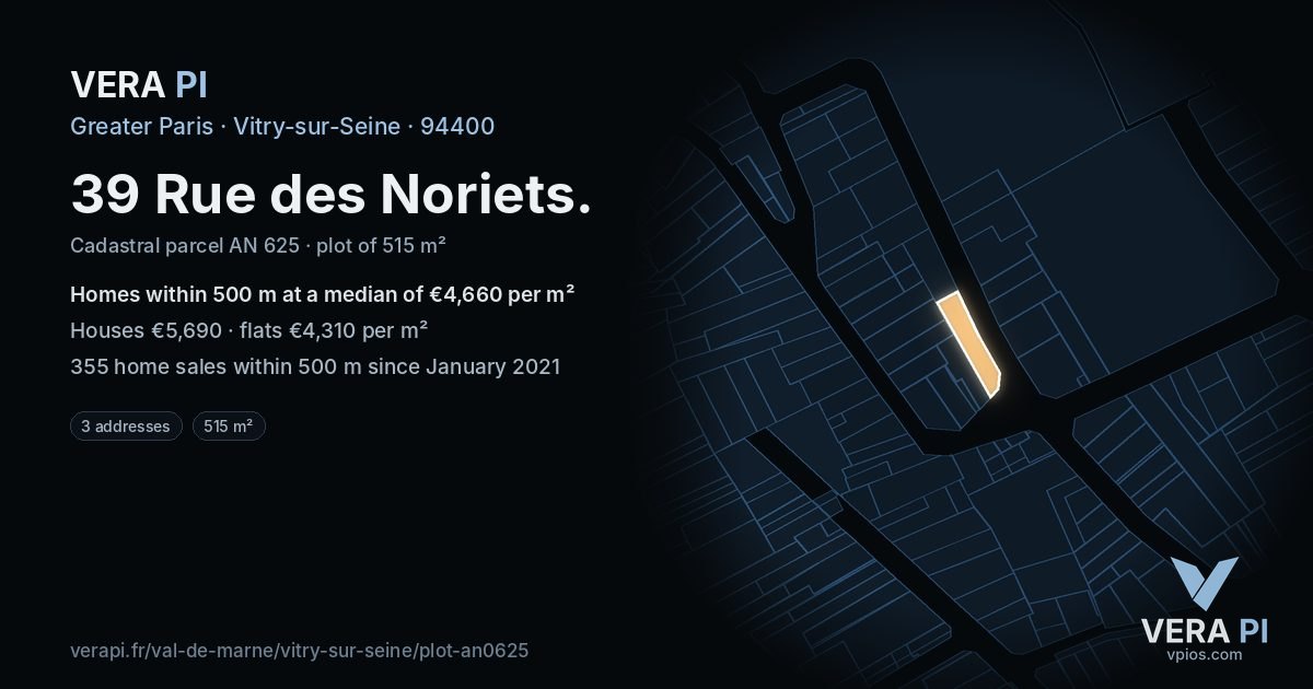 39 Rue des Noriets, Vitry-sur-Seine at night – the plot lit, the parcels around coloured by the prices near them