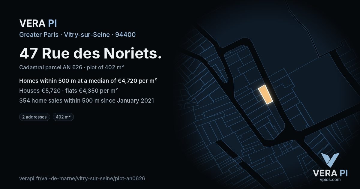 47 Rue des Noriets, Vitry-sur-Seine at night – the plot lit, the parcels around coloured by the prices near them