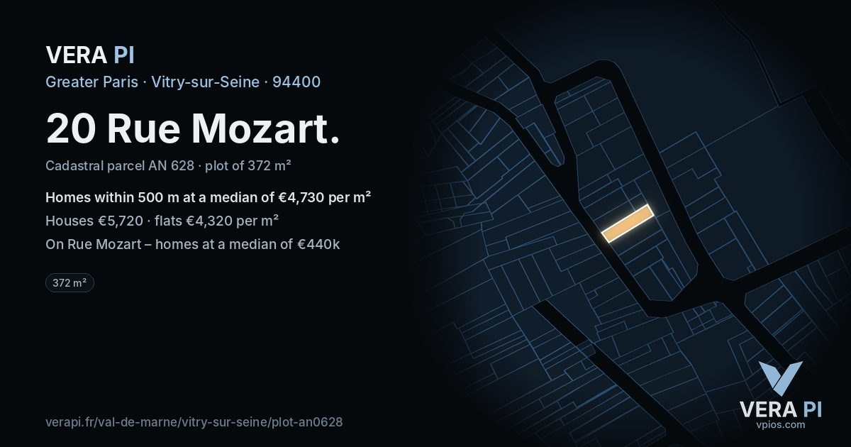 20 Rue Mozart, Vitry-sur-Seine at night – the plot lit, the parcels around coloured by the prices near them