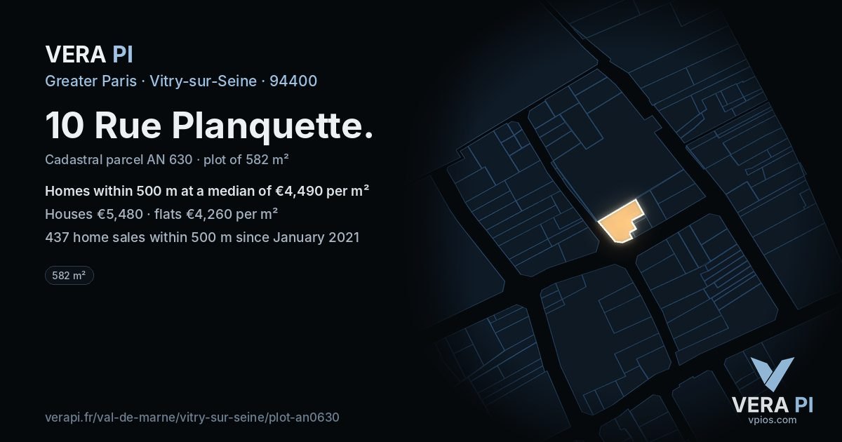 10 Rue Planquette, Vitry-sur-Seine at night – the plot lit, the parcels around coloured by the prices near them