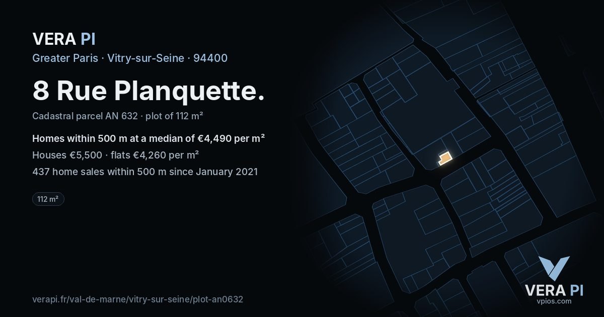 8 Rue Planquette, Vitry-sur-Seine at night – the plot lit, the parcels around coloured by the prices near them