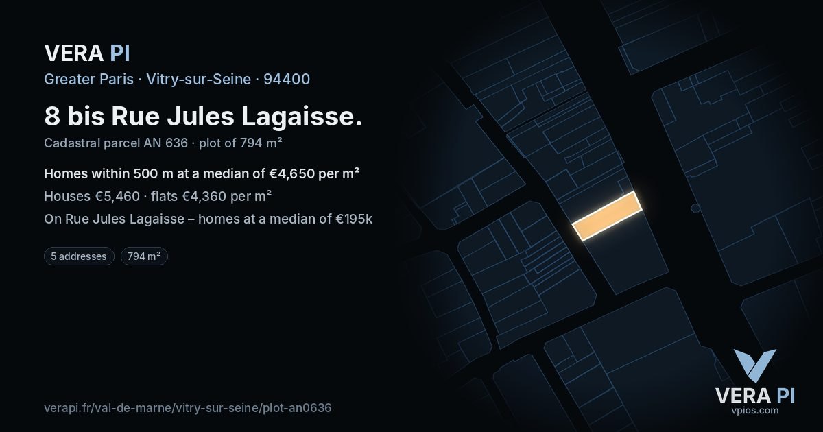 8 bis Rue Jules Lagaisse, Vitry-sur-Seine at night – the plot lit, the parcels around coloured by the prices near them