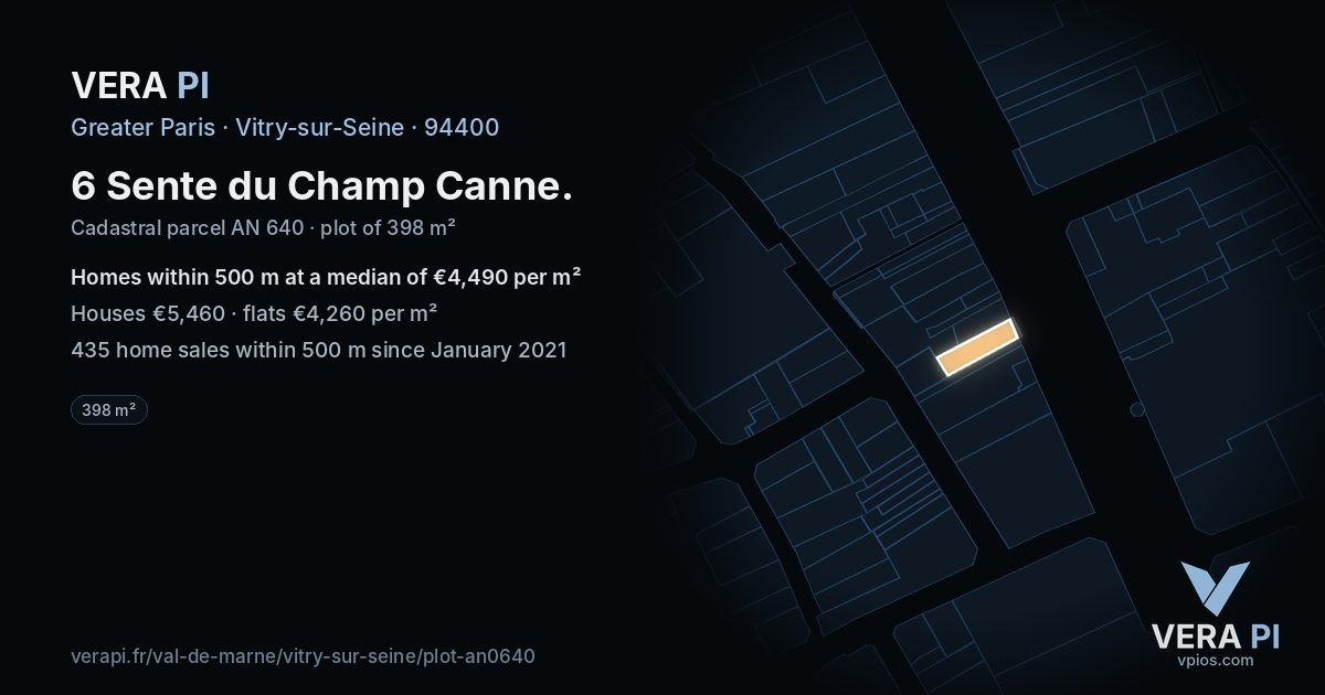 6 Sente du Champ Canne, Vitry-sur-Seine at night – the plot lit, the parcels around coloured by the prices near them