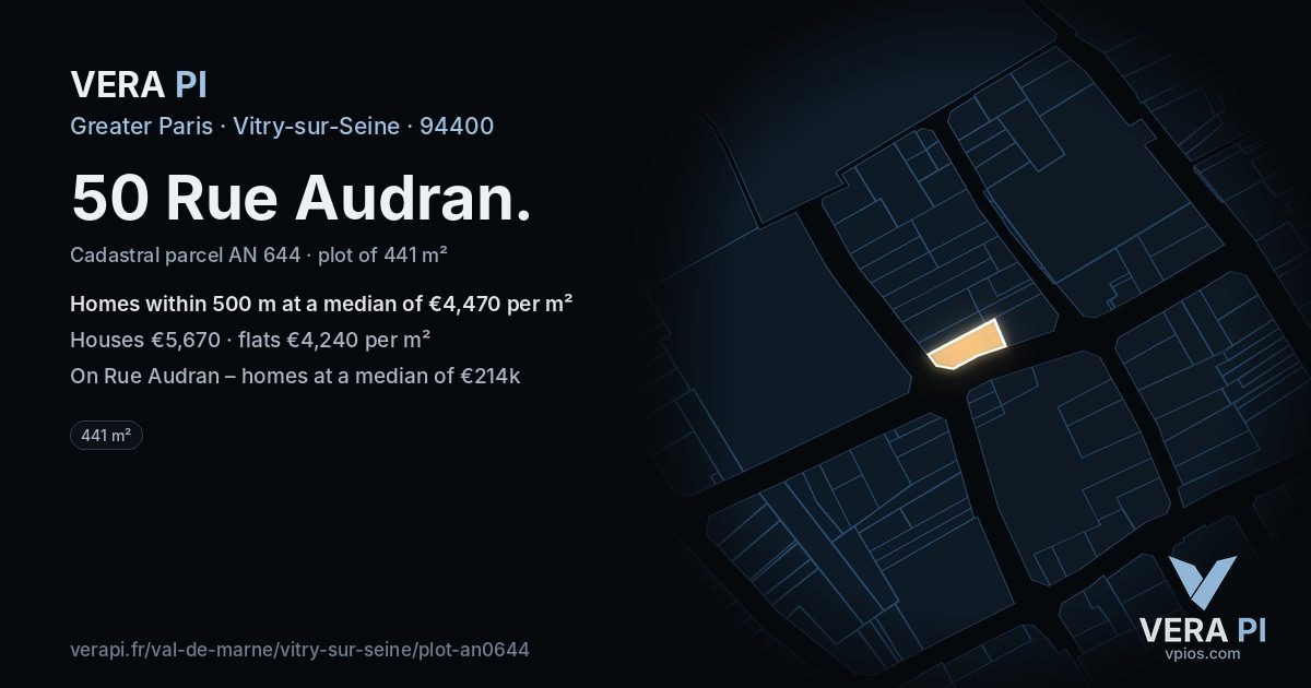 50 Rue Audran, Vitry-sur-Seine at night – the plot lit, the parcels around coloured by the prices near them