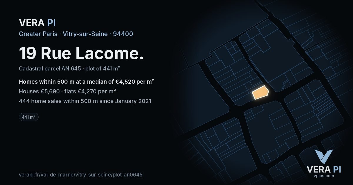 19 Rue Lacome, Vitry-sur-Seine at night – the plot lit, the parcels around coloured by the prices near them