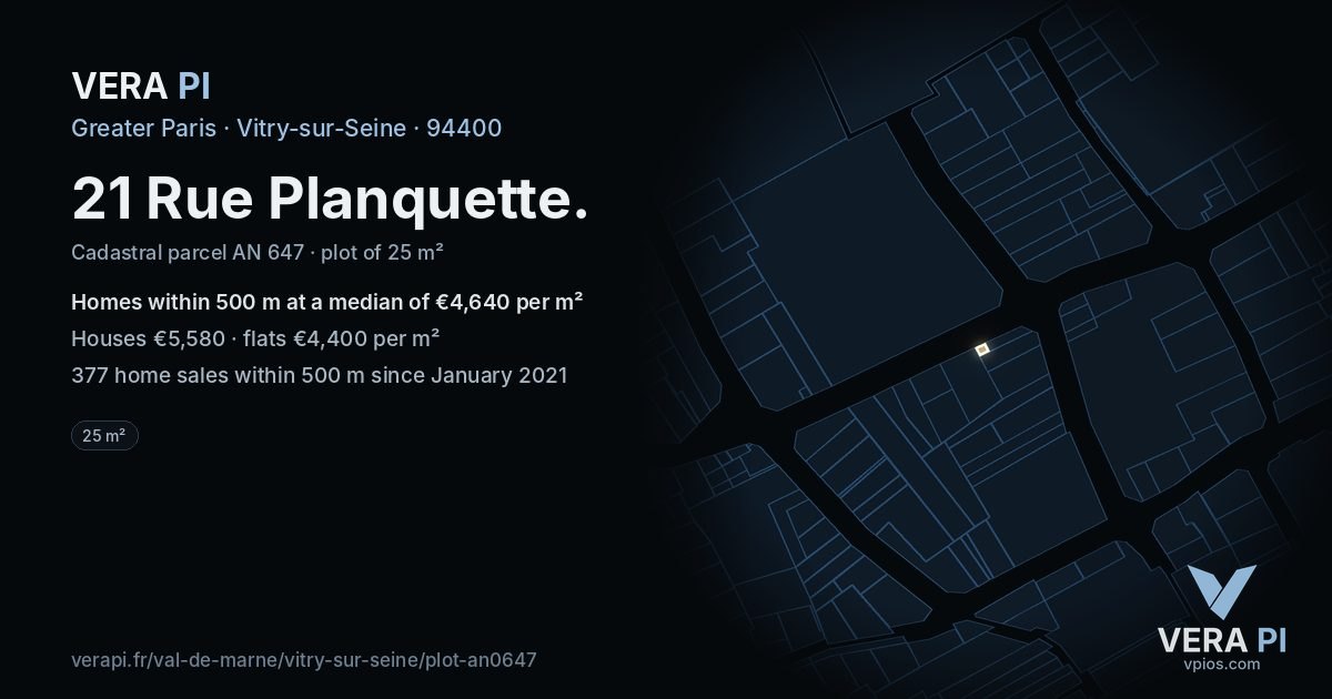 21 Rue Planquette, Vitry-sur-Seine at night – the plot lit, the parcels around coloured by the prices near them