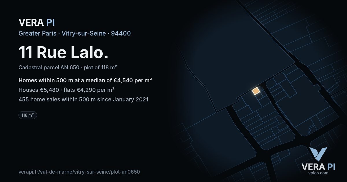 11 Rue Lalo, Vitry-sur-Seine at night – the plot lit, the parcels around coloured by the prices near them