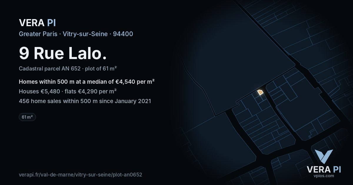 9 Rue Lalo, Vitry-sur-Seine at night – the plot lit, the parcels around coloured by the prices near them