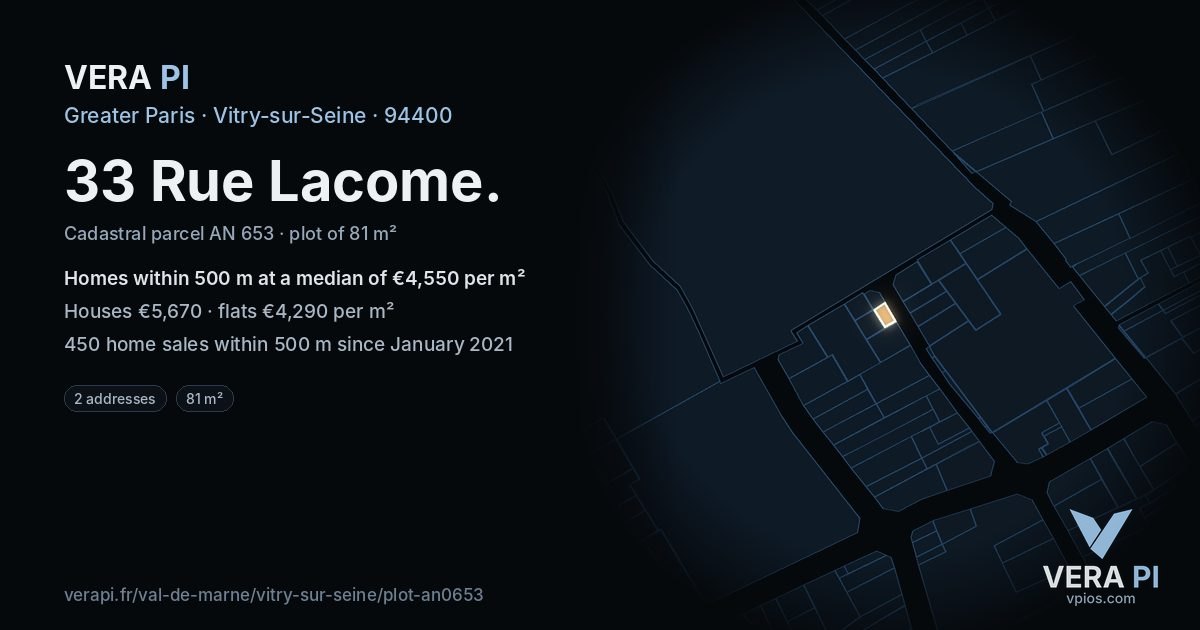 33 Rue Lacome, Vitry-sur-Seine at night – the plot lit, the parcels around coloured by the prices near them