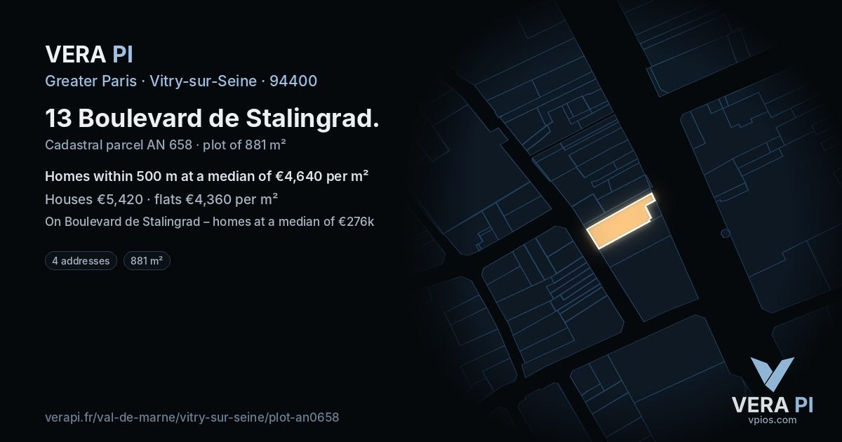 13 Boulevard de Stalingrad, Vitry-sur-Seine at night – the plot lit, the parcels around coloured by the prices near them