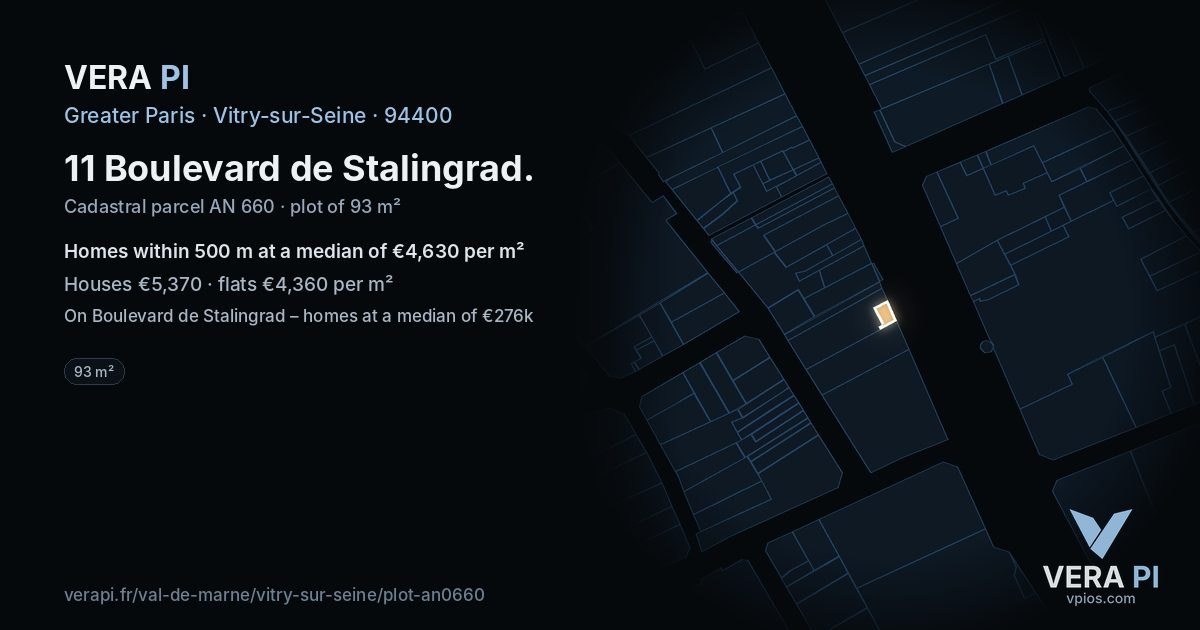 11 Boulevard de Stalingrad, Vitry-sur-Seine at night – the plot lit, the parcels around coloured by the prices near them