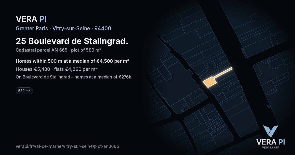 25 Boulevard de Stalingrad, Vitry-sur-Seine at night – the plot lit, the parcels around coloured by the prices near them