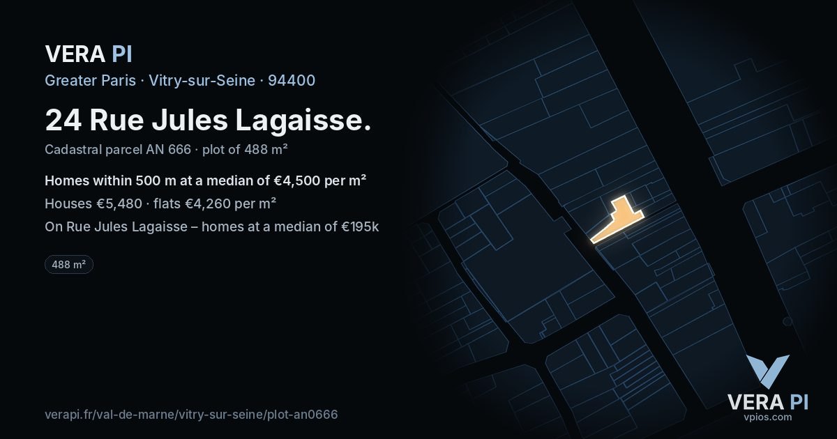 24 Rue Jules Lagaisse, Vitry-sur-Seine at night – the plot lit, the parcels around coloured by the prices near them