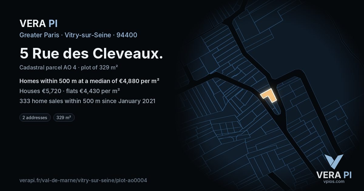 5 Rue des Cleveaux, Vitry-sur-Seine at night – the plot lit, the parcels around coloured by the prices near them