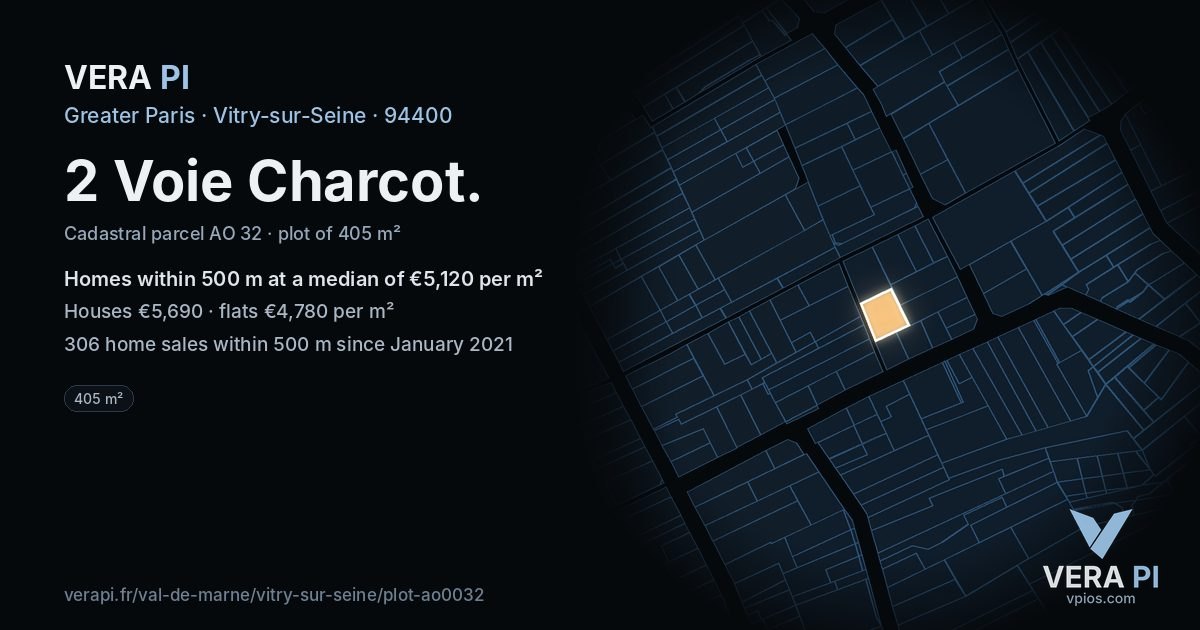2 Voie Charcot, Vitry-sur-Seine at night – the plot lit, the parcels around coloured by the prices near them